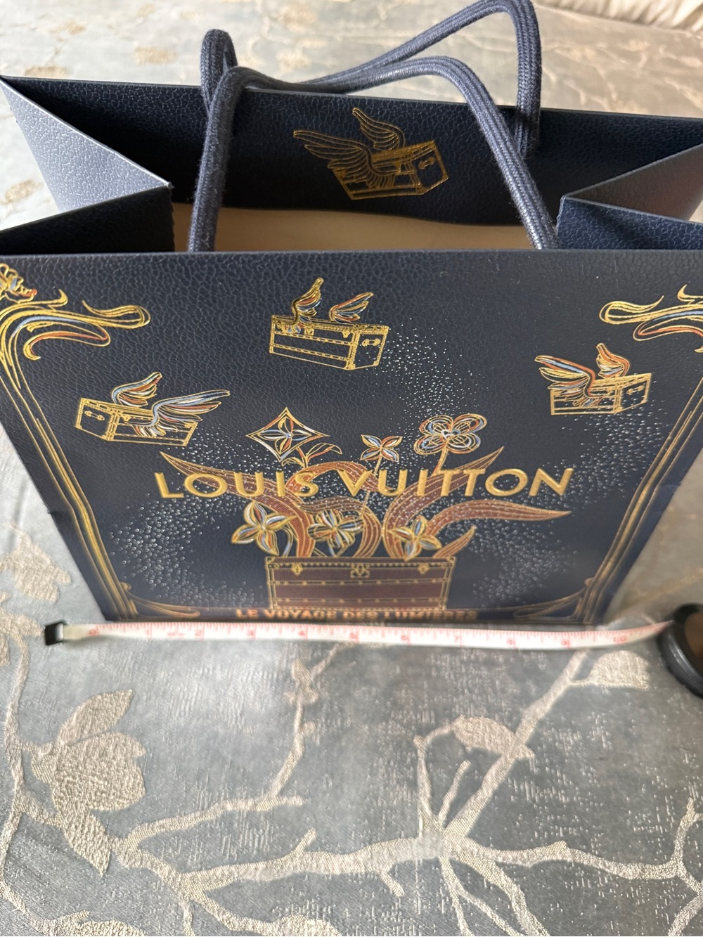 Authentic Louis Vuitton Navy & Gold Decorative Gift Bag with Rope Handles.